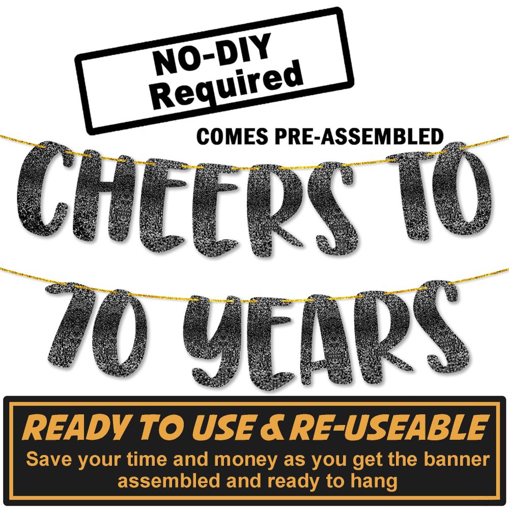 TOYVENTURES Cheers to 70 Years Black Glitter Banner - Happy 70th Birthday Party Decorations 8 Feet, 70th Wedding Anniversary Party Supplies - Milestone Celebration Decor - Pre-strung, No DIY Required - Image 9