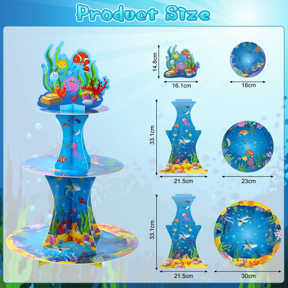 3 Tiers Under the Sea Cardboard Cupcake Stand Ocean Birthday Party Decorations Dessert Cupcake Stand Holder for Sea Creature Shark Party Tropic Fish Beach Party Baby Shower Supplies - Image 7
