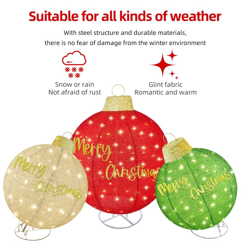HOYECHI 3pc Lighted Pop-Up Outdoor Christmas Ornament Set – Holiday Ball Decorations with 290 LED Lights, 8 Lighting Modes, for Yard & Outdoor Christmas Decor - Red/Green/Gold - Image 9