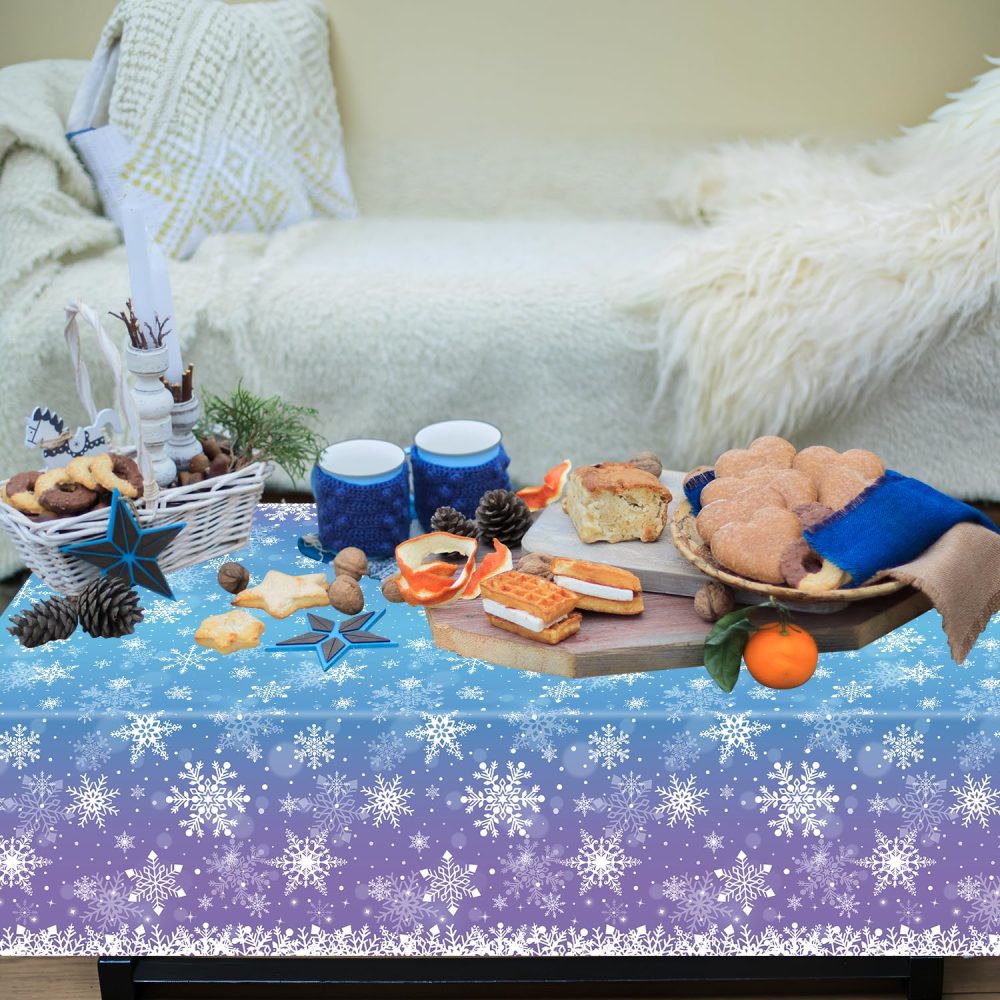 4 Pack Christmas Tablecloth Winter Snowflake Plastic Table Cover Winter Wonderland Table Cloth Xmas White Snowflake Tablecloth Christmas Table Decorations Merry Christmas Party Supplies 86 x 51 Inch - Image 2