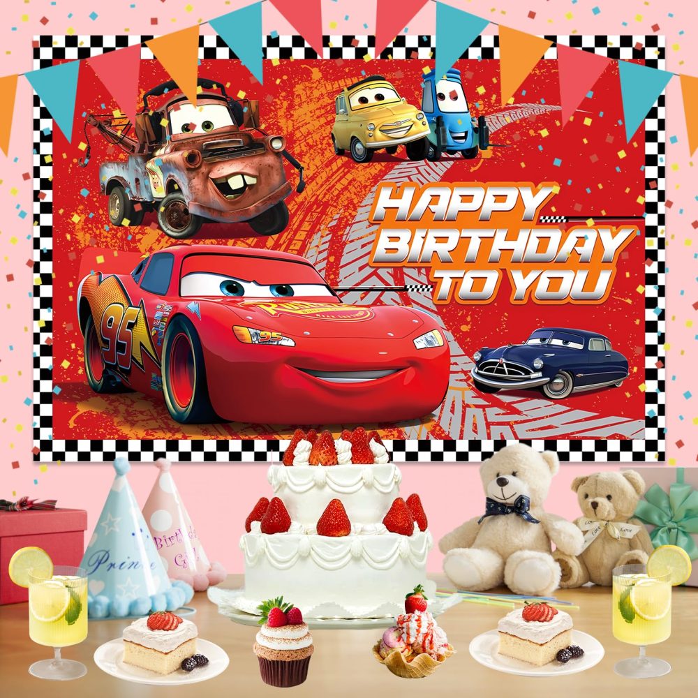 Dekewe Cars Happy Birthday Banner, Happy Birthday Decorations Backdrop, Cartoon Theme Background Photography, Birthday Party Decorations Supplies for Boys Girls Kids, 100cm x 150cm - Image 5