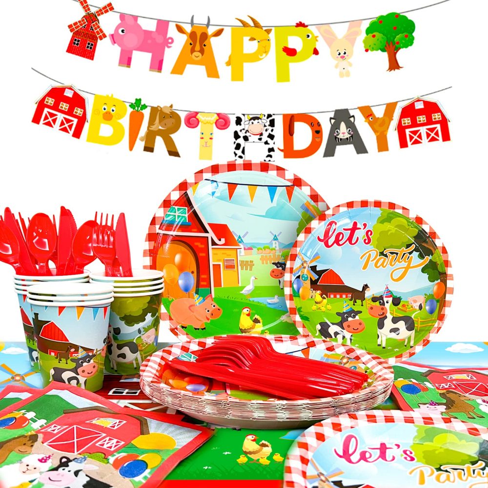 Farm Party Supplies,130pcs Farm Animals Party Tableware Set-Farm Party Plates Cups Napkins Tablecloth Banner ect Farm Birthday Party Supplies Decorations for Kids Baby Shower, Serves 16 Guests