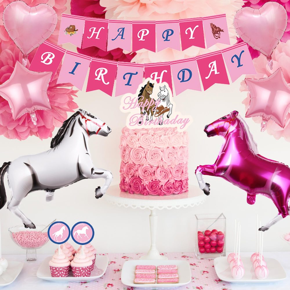 Pink Horse Birthday Decorations Girls - 49 Pieces Pink Horse Foil and Latex Balloons Happy Birthday Banner Cake Topper Cupcake Toppers, Western Cowgirl Party Supplies for Girls - Image 4