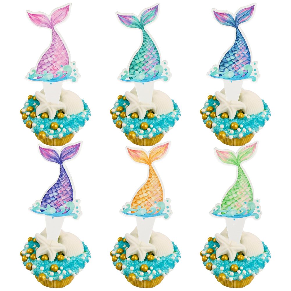 Ephlyn 36Pcs Mermaid Tail Cupcake Toppers Mini Under the Sea Mermaid Tail Cake Topper Decorations Mermaid Cupcake Picks for Mermaid theme Birthday Party Decoration Baby Shower Supplies