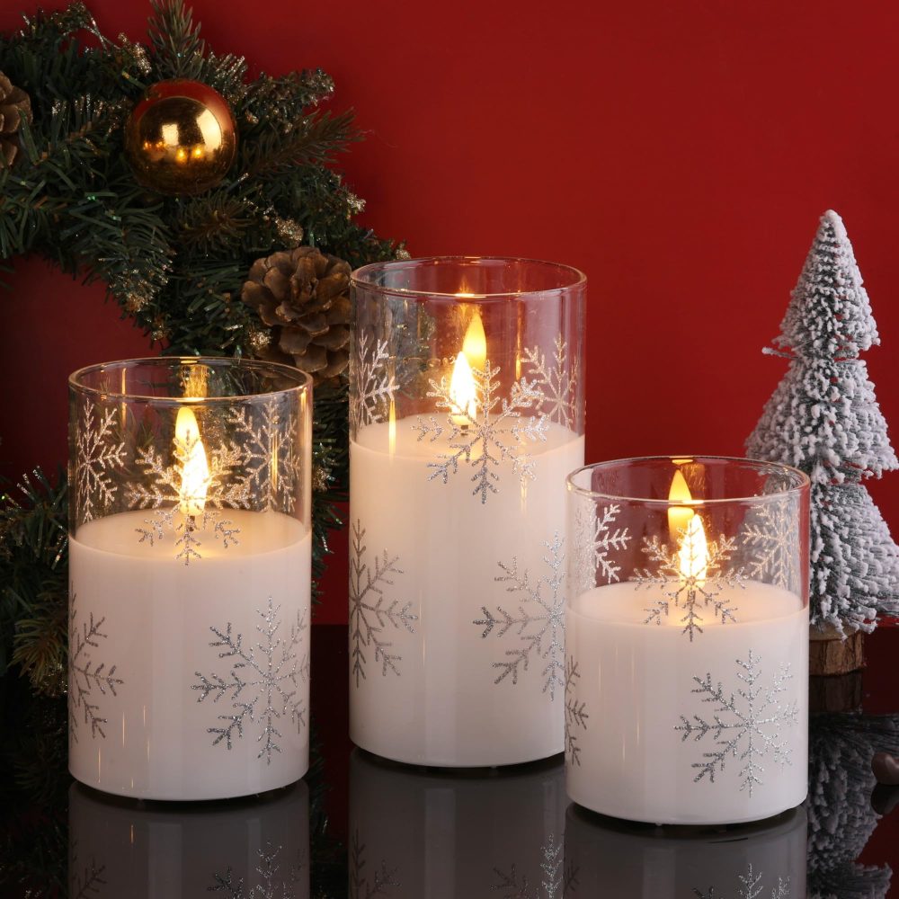 Eywamage Clear Snowflakes Glass Flameless Candles with Remote, Battery Operated Christmas LED Pillar Candles Set of 3 - Image 4