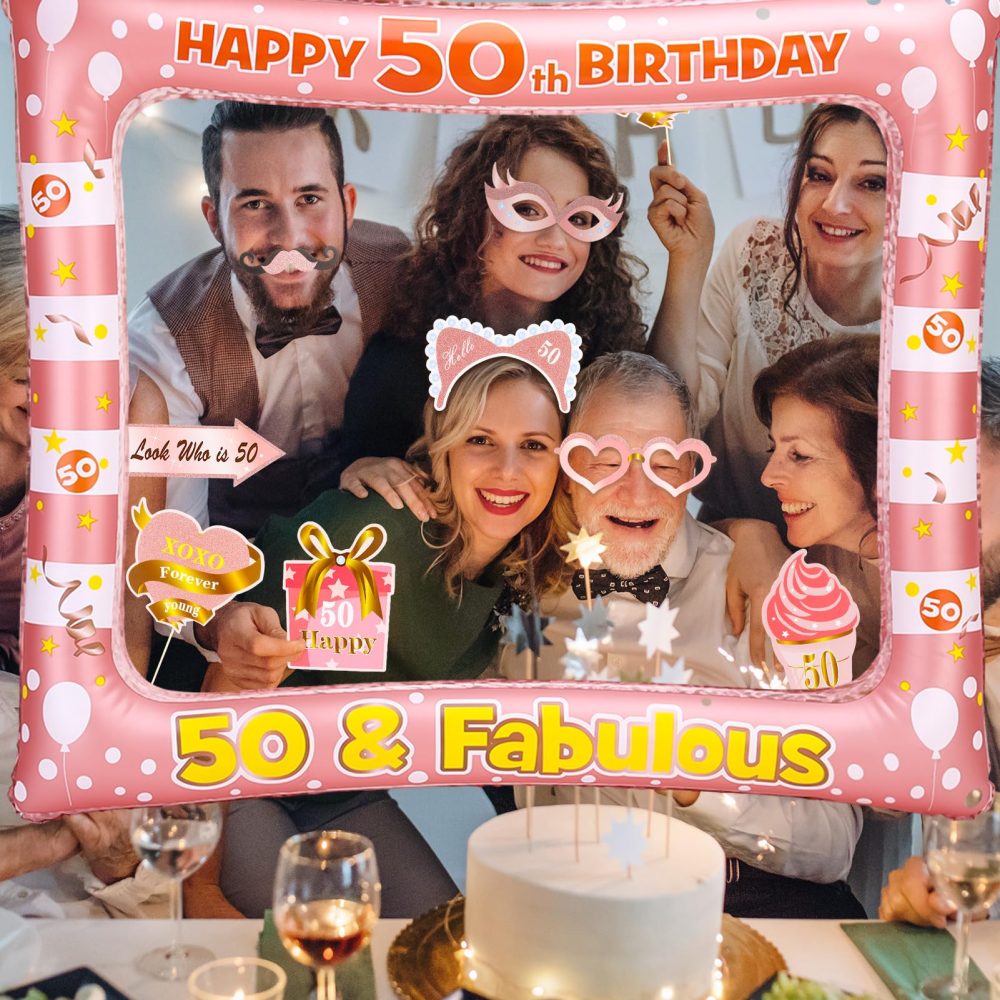 50th Birthday Photo Booth Frame and Inflatable Selfie Frame, 35 Pcs Birthday Decorations for Men Women Girls, 50th Birthday Pink Photo Booth Props, 50th Birthday Party Supplies Decor - Image 2