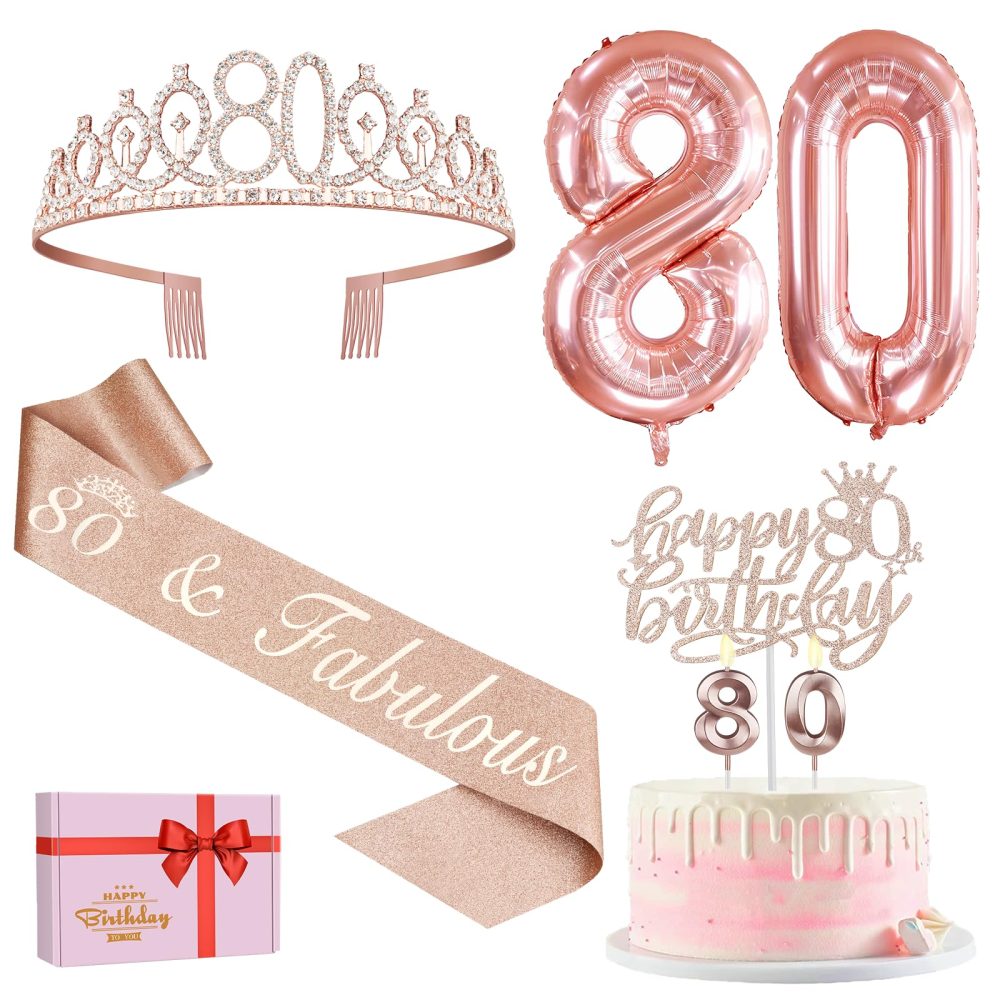 80th Birthday Decorations for Women, Including 80th Birthday Sash and Tiara/Crown, 80th Birthday Cake Topper and Candles, 80 Number Balloons, Rose Gold 80 Year Old Gifts for Women
