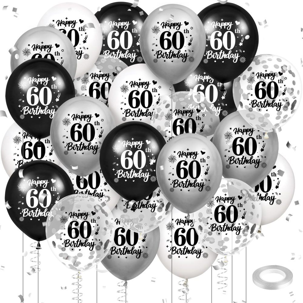 60th Birthday Balloons Decorations Black White Silver 24pcs Happy 60th Birthday Party Confetti Balloons Latex for Men Women Happy 60th Birthday Anniversary Party Supplies Decor 12 inches Outdoor