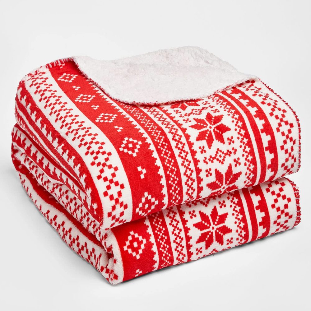 Dreamscene Christmas Blanket Sherpa Flannel Fleece Blanket Faux Fur Large Cuddly Cosy Throw Over Christmas Throws for Sofa, Nordic Red White 150 x 180cm