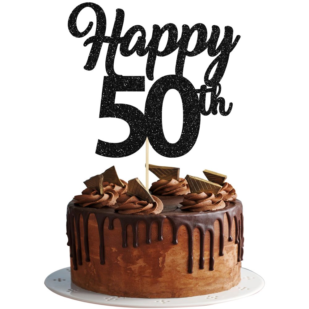 3Pcs Happy 50th Cake Topper Black Glitter Number 50 Fifty Birthday Cake Pick Decorations for Cheers to 50 Years Old 50th Birthday Wedding Anniversary Party Supplies