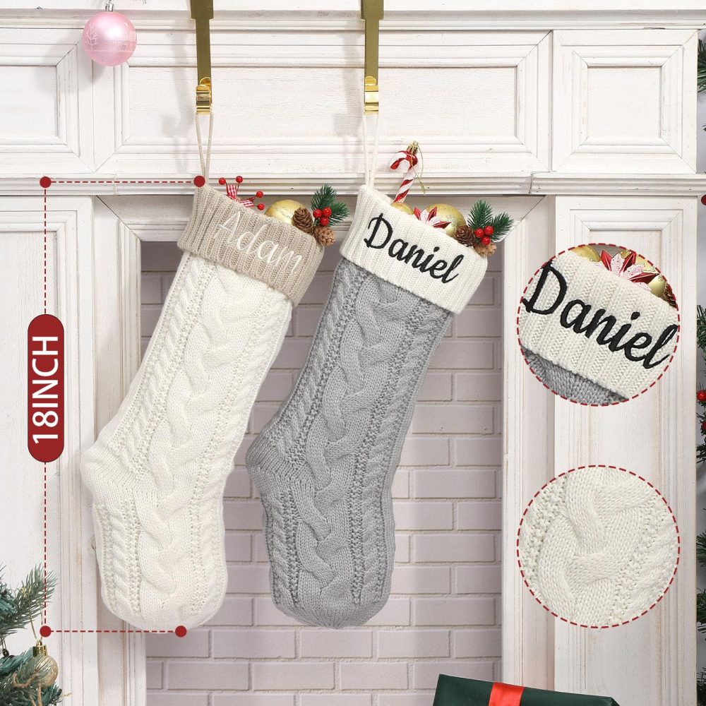 Personalised Christmas Stockings 18” Large Custom Name Family Christmas Stockings,Customised Embroidered Name Knitted Xmas Stockings for Initial Fireplace Hanging Decoration(Beige-1Pack) - Image 5
