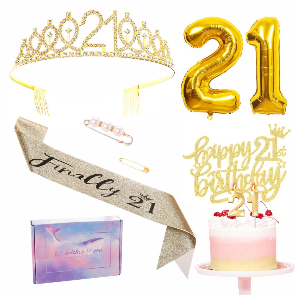 Gold 21st Birthday Decorations for Her 21st Birthday Sash Tiara Set, 21st Birthday Party Pack Sash Crown Number 21 Foil Balloons Birthday Cake Topper Candle, 21st Birthday Gifts for Her Girl