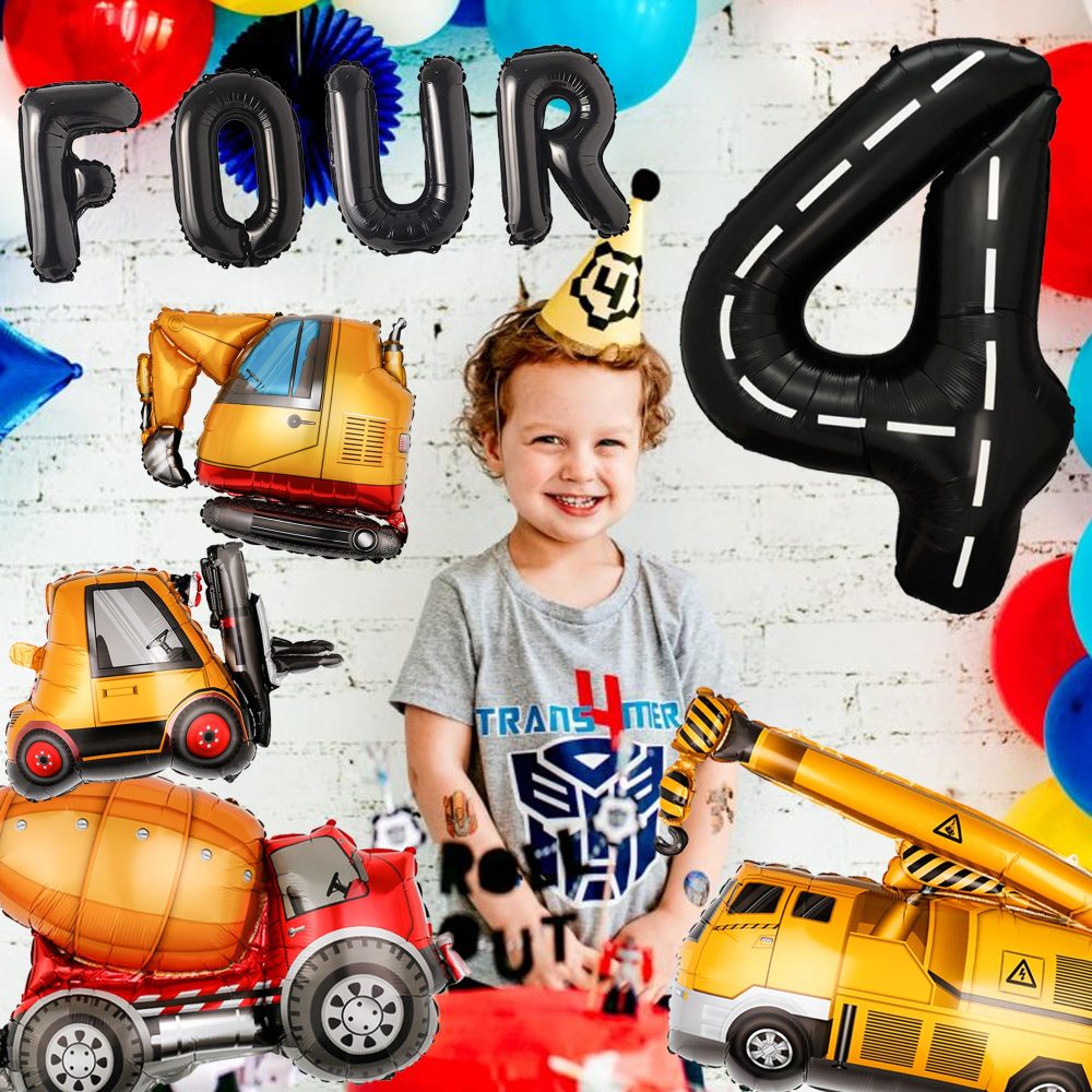 4th Birthday Construction Decorations Boys - 22 Pieces Vehicle Party Decoration Black Letter Four Balloons Digger Excavator Crane Cement Truck Bulldozer Balloon for Kids 4 Year Old Party Supplies - Image 4