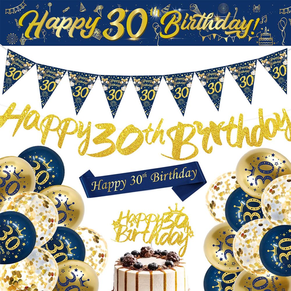 30th Birthday Decorations Kit,Blue Gold Happy 30th Birthday Banner,30th Birthday Balloons,Blue Gold Latex Balloons Party Decorations for men 30th Birthday Party Supplies (30th Birthday)