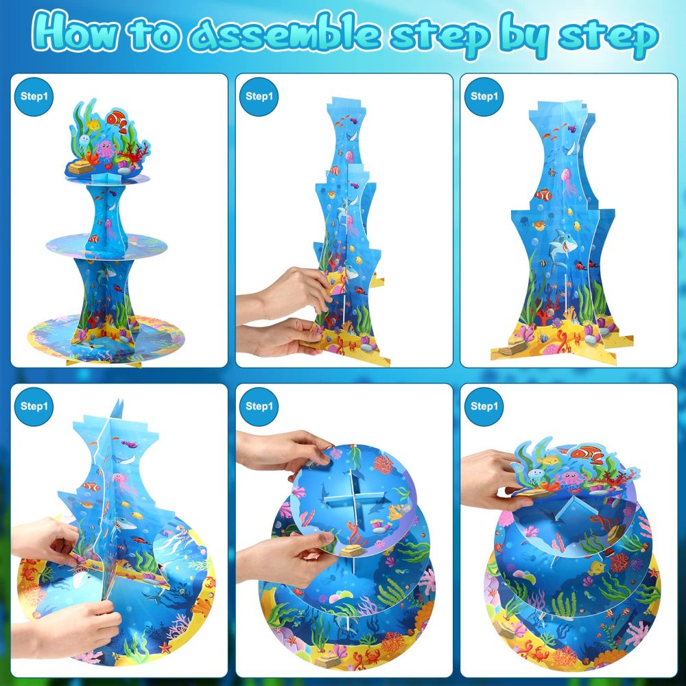 3 Tiers Under the Sea Cardboard Cupcake Stand Ocean Birthday Party Decorations Dessert Cupcake Stand Holder for Sea Creature Shark Party Tropic Fish Beach Party Baby Shower Supplies - Image 5