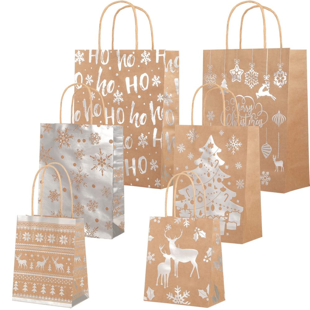 18 Pcs Christmas Kraft Paper Bag Bronzing Gift Bags Metallic Gold Gift Treat Goodie Bag Assorted Sizes Bulk Xmas Gift Wrapping Bag with Handle for Holiday New Year Party Packaging Decor (Silver) - Image 2
