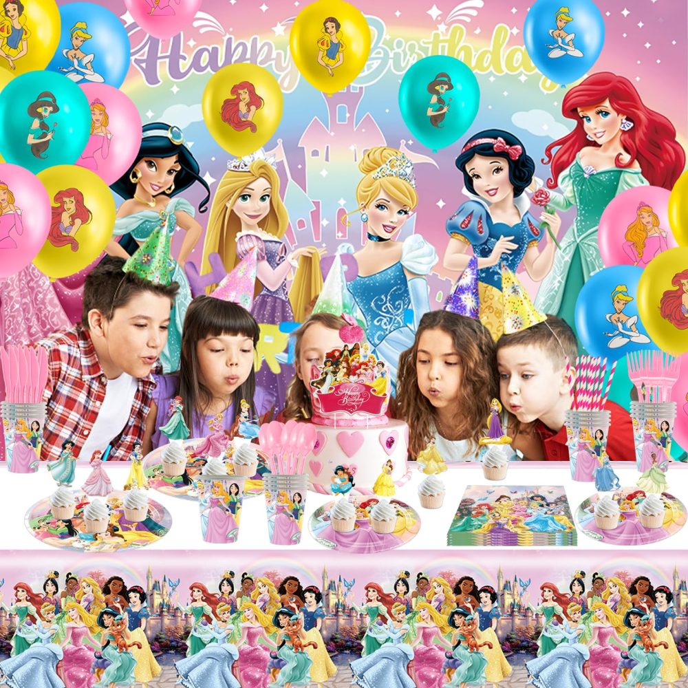 Princess Birthday Party Supplies Set 137Pcs Girls Princess Birthday Tableware Including Happy Birthday Backdrop Plate Balloons Napkins Tablecloth, Princess Theme Party Decorations for 10 People - Image 3