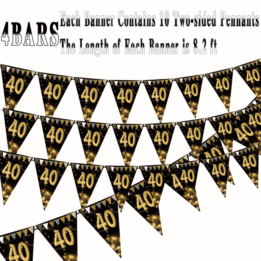 KTFNOMES Happy 40th Birthday Banner Bunting Flags Gold and Black Glitter Anniversary Party Decoration Supplies,40th Birthday Triangle Flag Banners for Men Women,7.1 x 10.2 inch,40 Pieces - Image 4