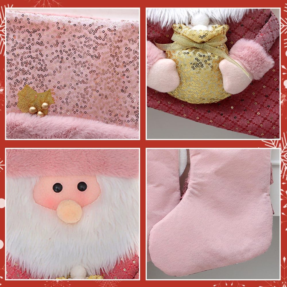 Christmas Stockings Pink,Large Christmas Stockings with Gold Glitter,16" Xmas Stockings,Santa Claus Christmas Hanging Socks Bag,Santa Stockings for Christmas Stairs Fireplace Hanging Decor Candy Pouch - Image 4
