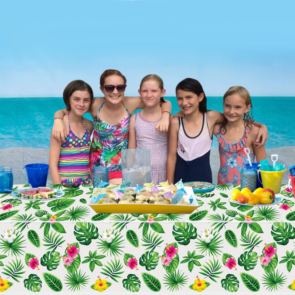 4 Pack Hawaiian Luau Tablecloths Tropical Palm Leaves Table Cloth Hawaii Disposable Plastic Rectangular Table Covers Aloha Summer Beach Pool Kids Birthday Tablecloth Cocktail Party Supplies 86 x 51 IN - Image 7