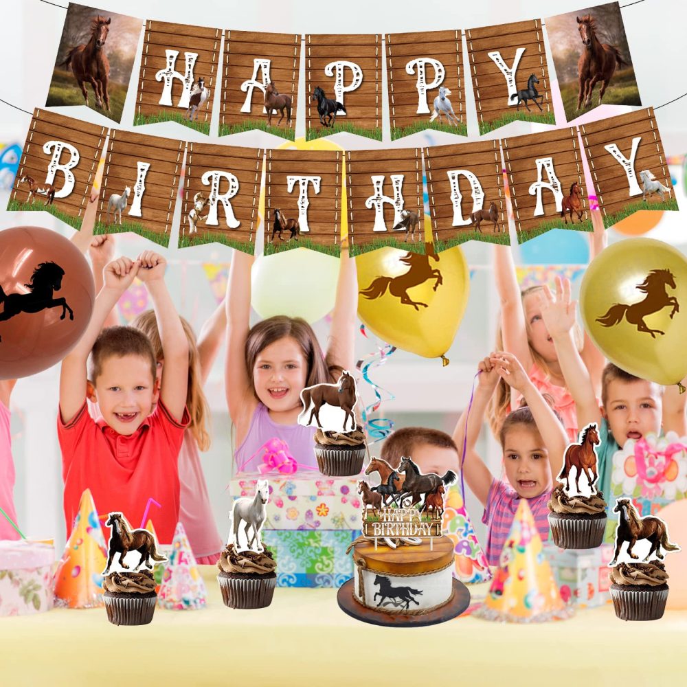 Gukasxi 44 Pieces Horse Birthday Party Decorations, Horse Theme Birthday Party Supplies with Happy Birthday Banner Set, Horse Cake Toppers and Horse Balloons, Western Cowboy Birthday Party decorations - Image 3
