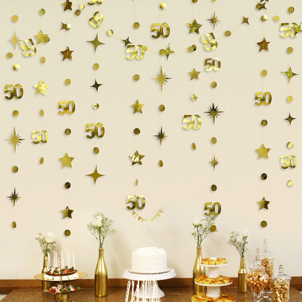Gold 50th Birthday Decorations Number 50 Circle Dot Twinkle Star Garland Metallic Hanging Bunting Banner Streamer Backdrop for 50 Year Old Happy Birthday 50th Anniversary Fiftieth Party Decor Supplies
