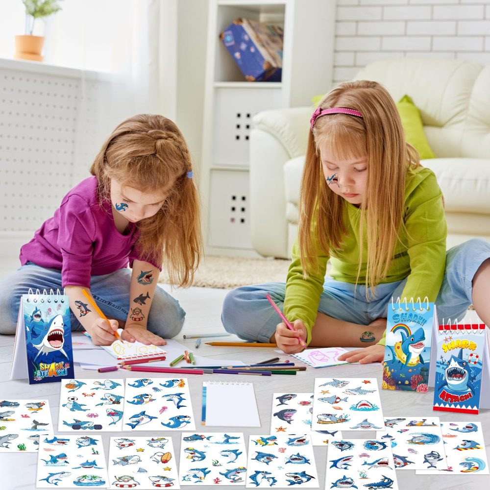 114PCS Shark Party Favors Set - 12 Shark Bracelets Wristbands 54 Shark Stickers 12 Shark Favor Bag 12 Shark Tattoo Stickers 12 Shark Notepads 12 Shark Button Pins for Ocean Shark Party Supplies - Image 5
