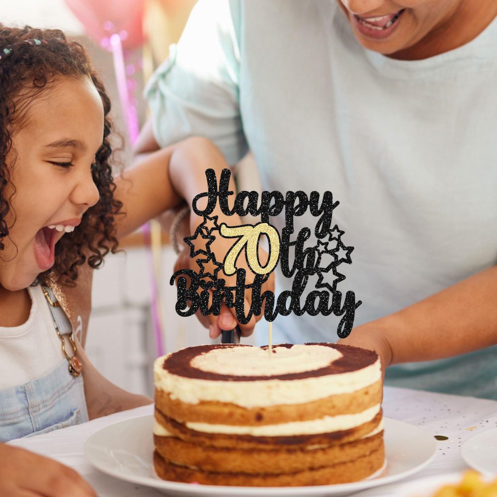Gyufise 1Pc Happy 70th Birthday Cake Topper Black Gold Glitter Cheers to 70 Years Birthday Cake Pick 70 Fabulous Cake Decoration for Birthday Theme Happy 70th Birthday Party Supplies - Image 3