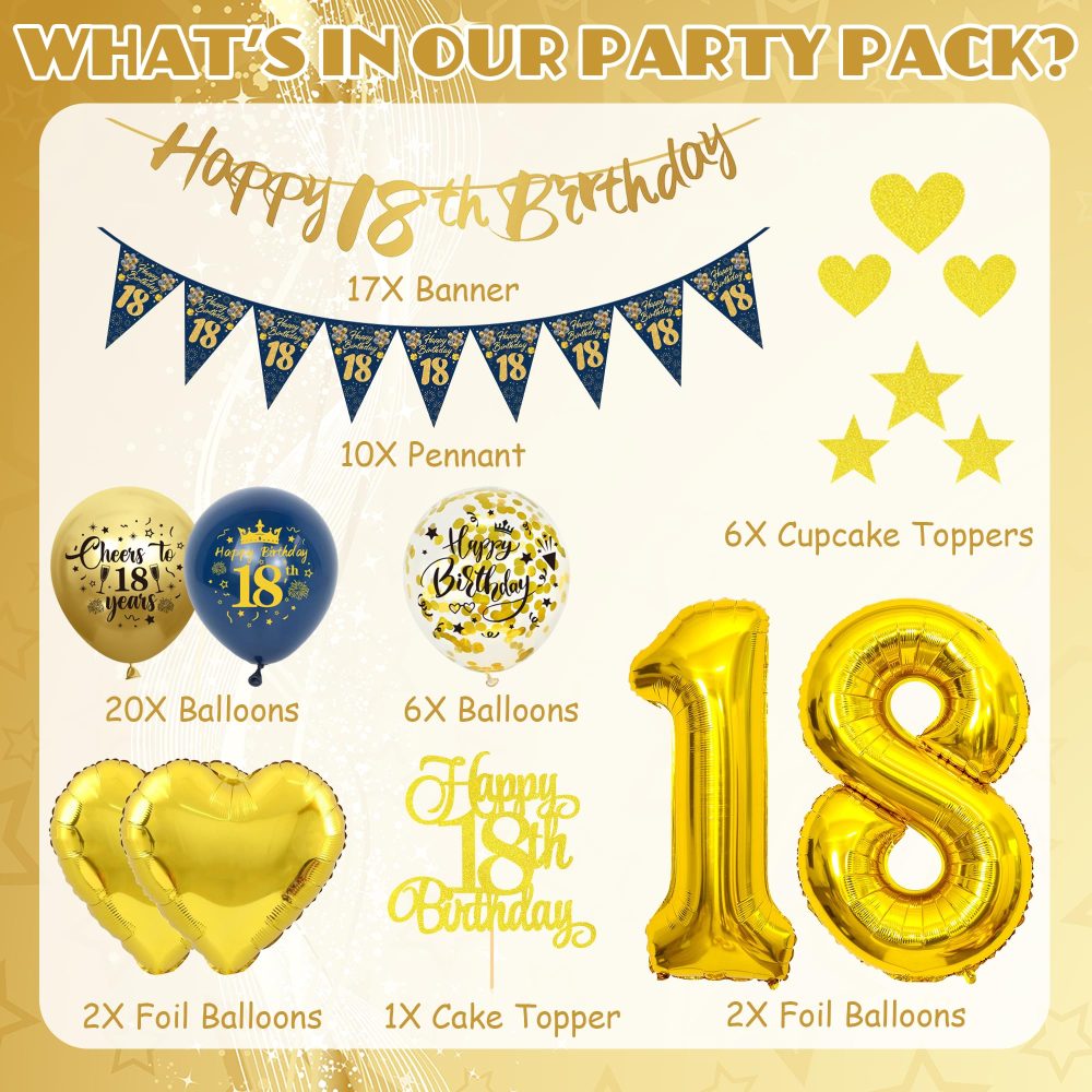 18th Birthday Decorations for Boys - Blue and Gold 18th Birthday Banners Pennant Cake Topper Latex Balloon Number Balloon Heart Foil Balloon Suitable for 18th Birthday Party Supplies - Image 7