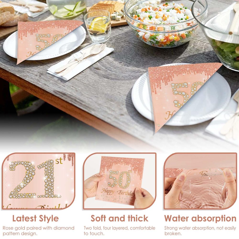 Rose Gold Happy 50th Birthday Napkins, Women 50th Birthday 20Pcs Party Paper Napkins Disposable,Her 50th Birthday Gifts Party Supplies,Tableware Decorations ,Birthday Serviettes Tissue Luncheon Dinner - Image 5