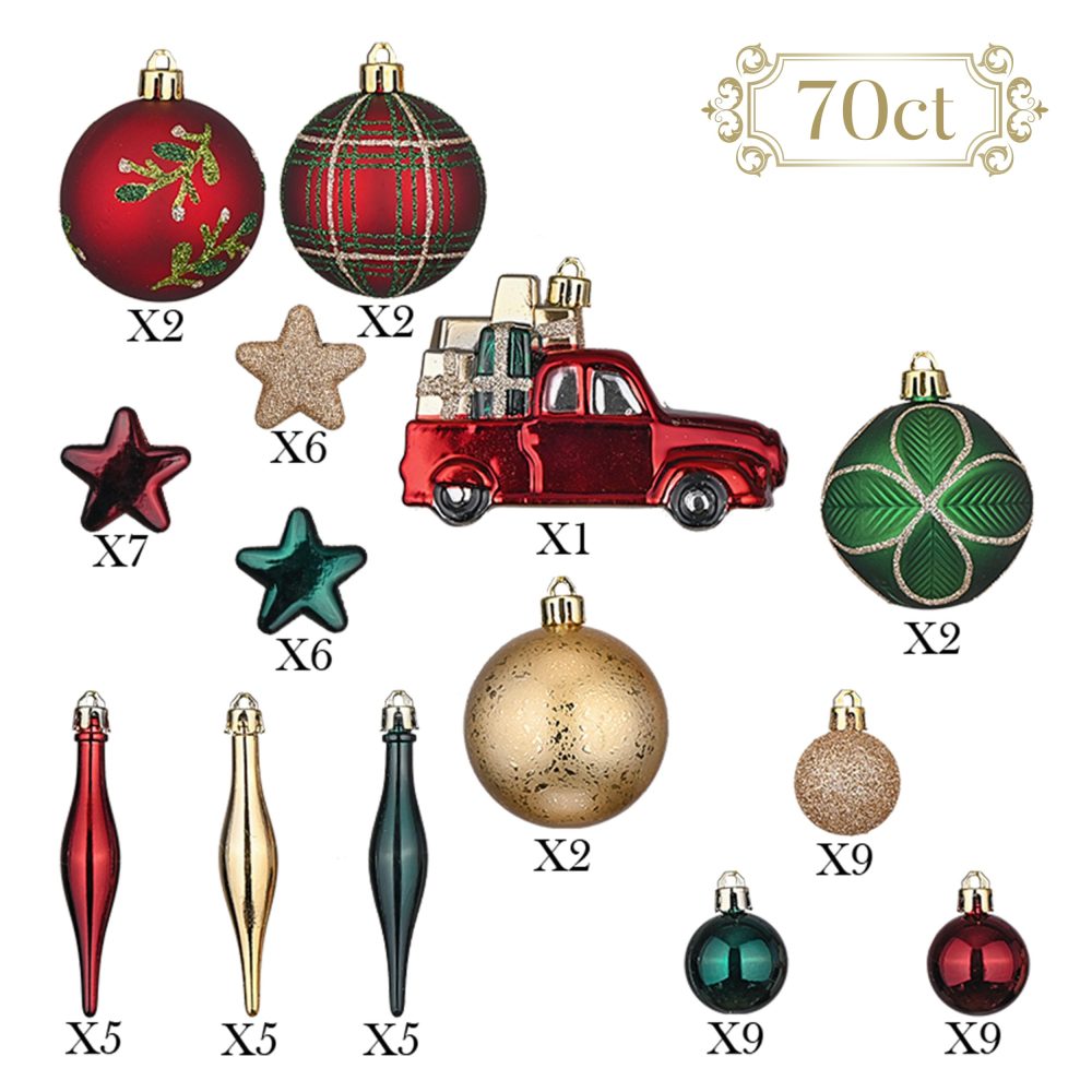 Valery Madelyn Christmas Baubles for Traditional Christmas Tree Decorations,70pcs Red Green Gold Shatterproof Ball Ornaments, Hanging Gifts, House Shape Packing - Image 2