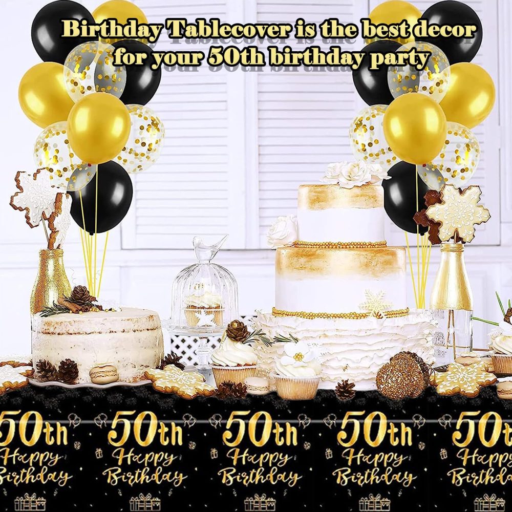 YTUGCG 50th Birthday Table Cloth, 137x274cm Black and Gold 50th Birthday Party Table Decoration, Plastic Disposable Waterproof Rectangular Table Cover for Women, Birthday Gifts Party Table Decoration - Image 2