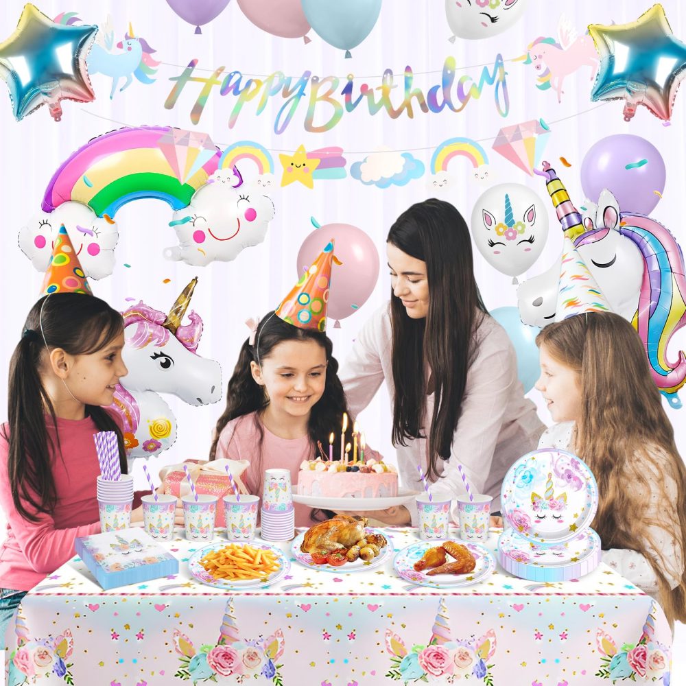 YIMAKJ Unicorn Party Tableware Set, Unicorn Birthday Decoration Set, Unicorn Party Decorations For Girls With Balloons, Tablecloths, Banner, Cake Deco, Party Plates Cups And Napkins(16 Guests) - Image 7