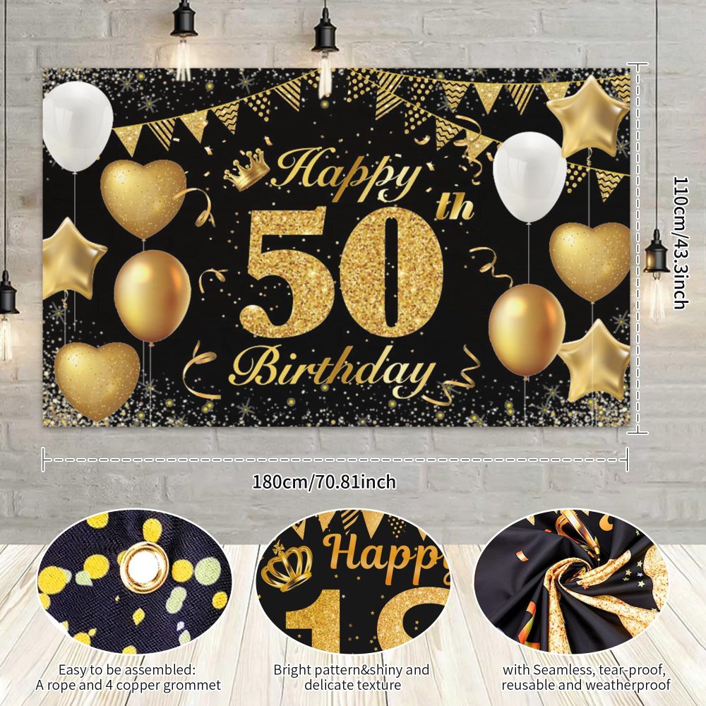 Happy 50th Birthday Banner 50th Photo Backdrop Black Gold Birthday Party Background Supplies Backdrop Props, Birthday Decorations for Men and Women 50th Backdrop Banner Photo Booth Sign 180×110cm - Image 6