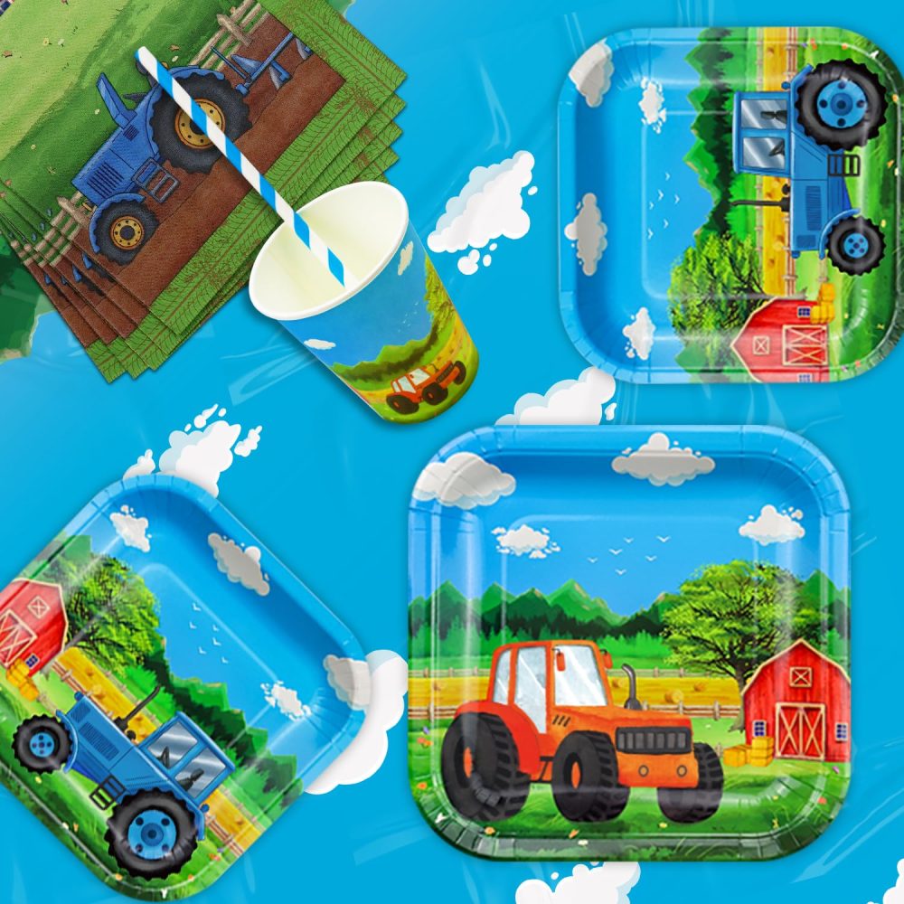 176 Pack Tractor Birthday Party Supplies Farm Tractor Party Decorations Tractor Party Supplies Barnyard Farm Party Tableware Set - Tractor Theme Plates, Balloons, Banner, Tablecloth, Cups Serves 20 - Image 3