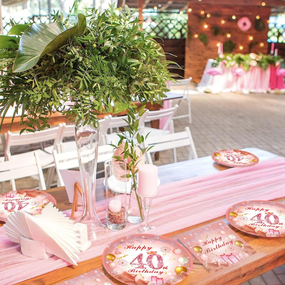 52Pcs 40th Paper Plates and Napkins Rose Gold,16 Guests Pink and Gold 40th Birthday Party Tableware Paper Plates and Napkins Set for Women 40th Birthday Gifts,Birthday Party Decorations Supplies - Image 2