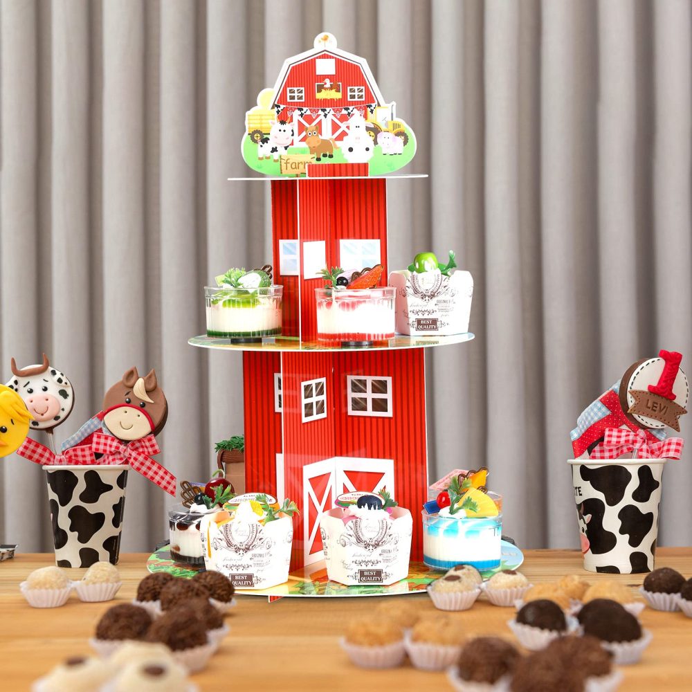 Farm Cupcake Stand 3 Tier Farm Theme Animal Cup Cake Holder Stand Cardboard Farmhouse Dessert Tower Round Barnyard Pastry Serving Platter for Farm Party Supplies Birthday Baby Shower Party Decorations - Image 2