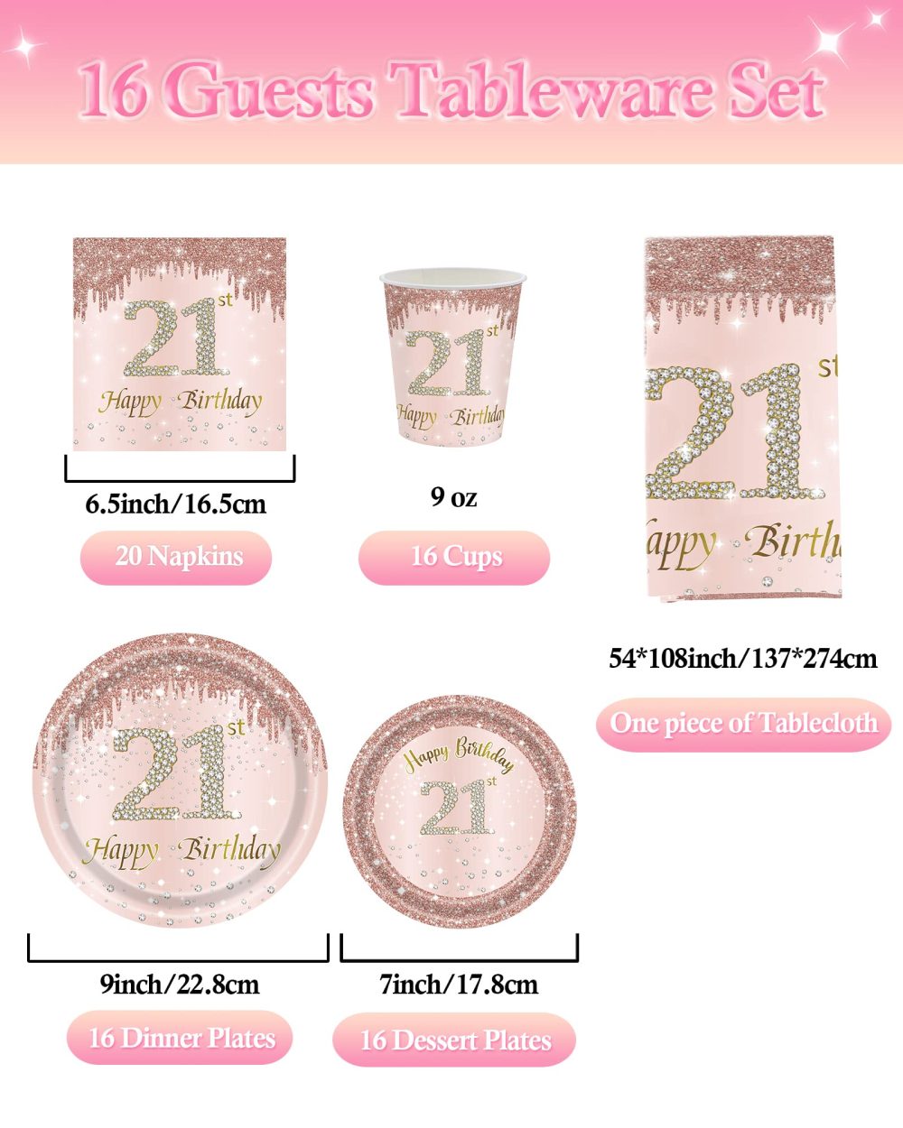 VReder Rose Gold 21th Birthday Decorations Party Tableware Set, Disposable Paper Party Plates Cups Napkins Tablecloth for Girls 21st Birthday Party Decorations Table Supplies 16 Guests - Image 3