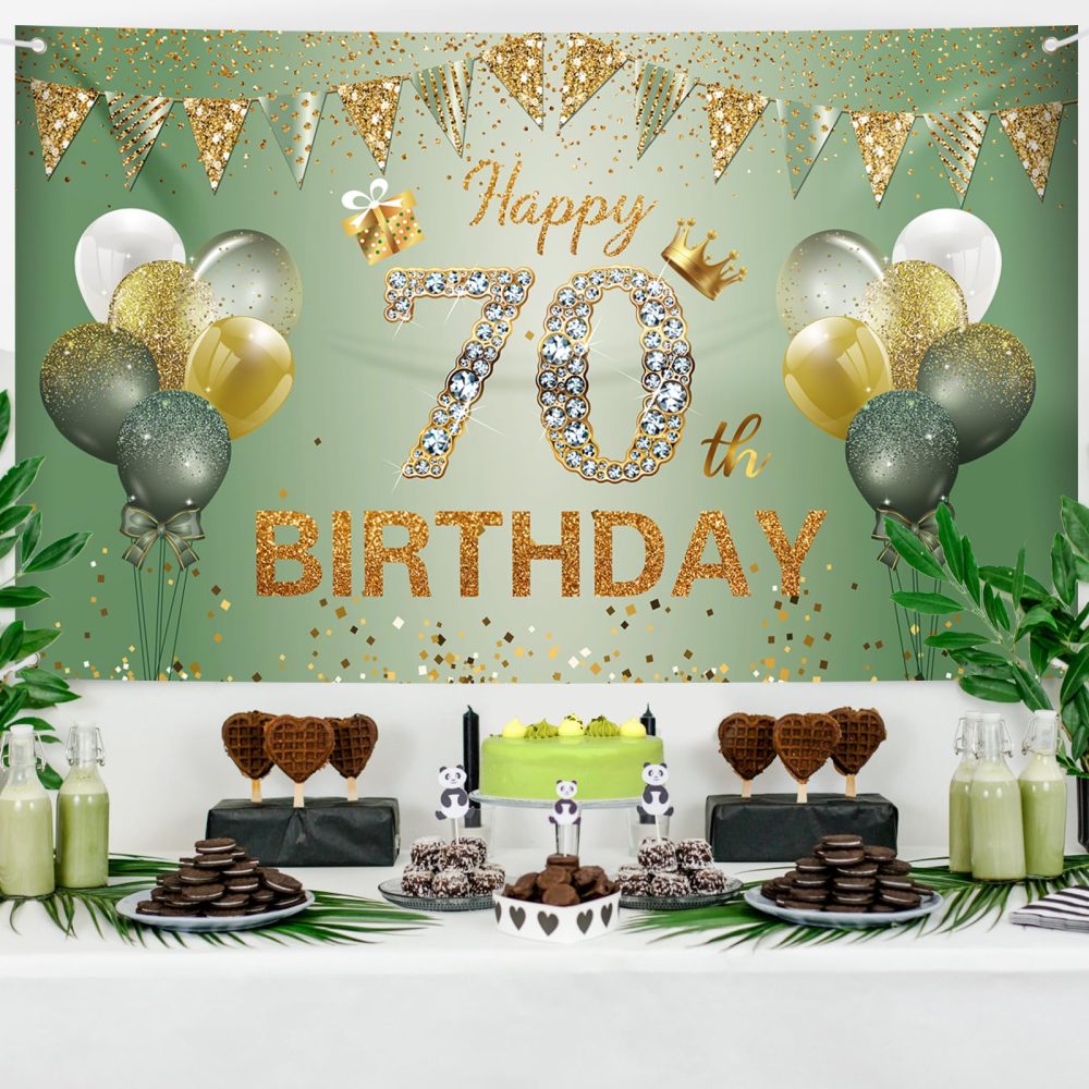 70th Birthday Decorations for Women Men, 70th Birthday Banner, 70th Birthday Backdrop Party Decorations, Sage Green Gold Happy 70th Birthday Banner Background for Birthday Anniversary Party Supplies - Image 3