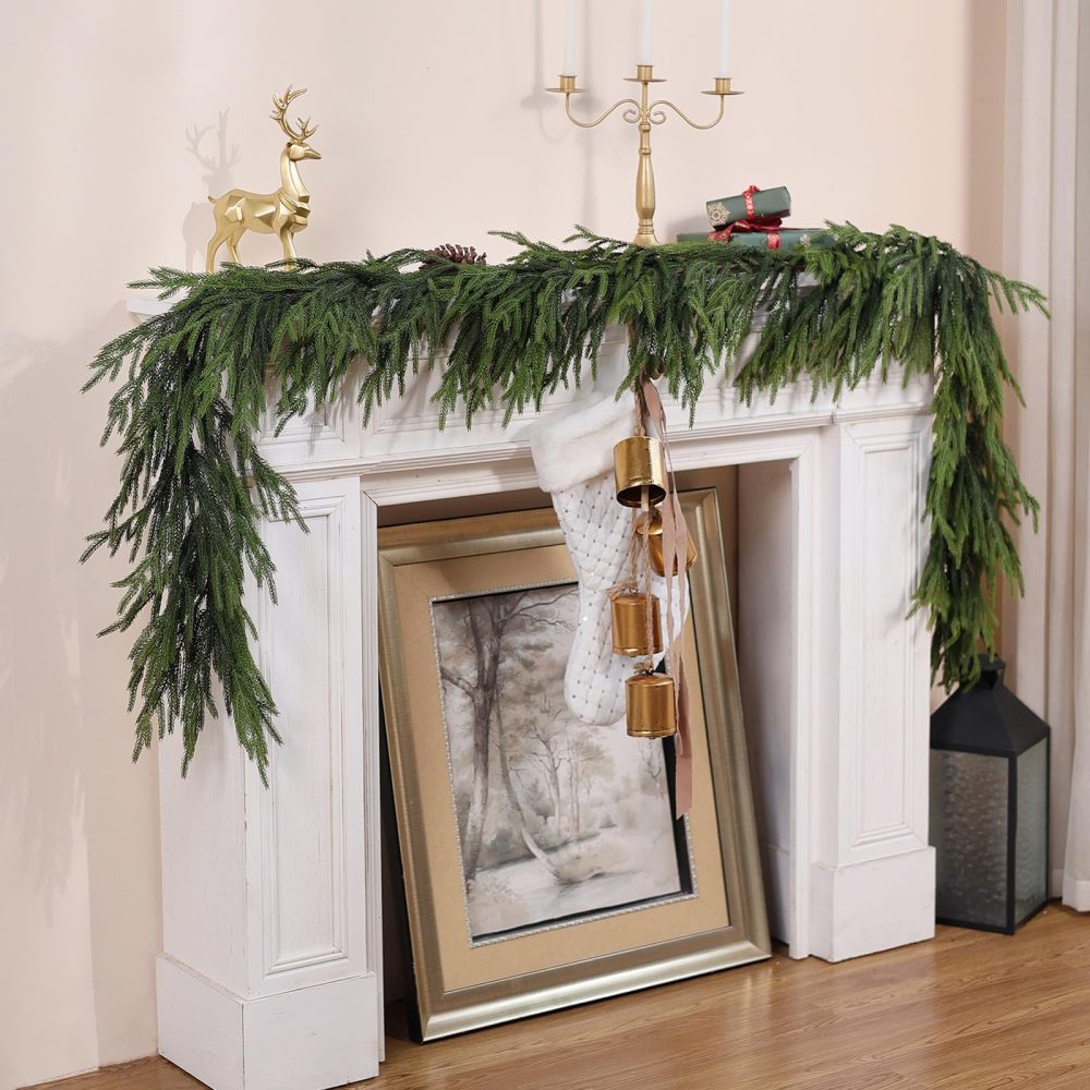 9 FT Real Touch Norfolk Pine Garland Green Artificial Christmas Garland Faux Greenery Garland for Holiday Fireplace Mantle Window Indoor Outdoor Decor (2 PCS) - Image 9