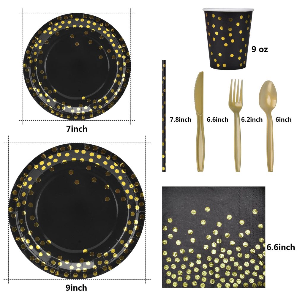 202pcs Eco-Friendly Gold & Black Party Paper Plates and Cutlery Napkins Cups Tablecloth Banner Supplies Set, Tableware Dinnerware Dining Sets for Wedding Birthday Anniversary Graduation Decorations - Image 2
