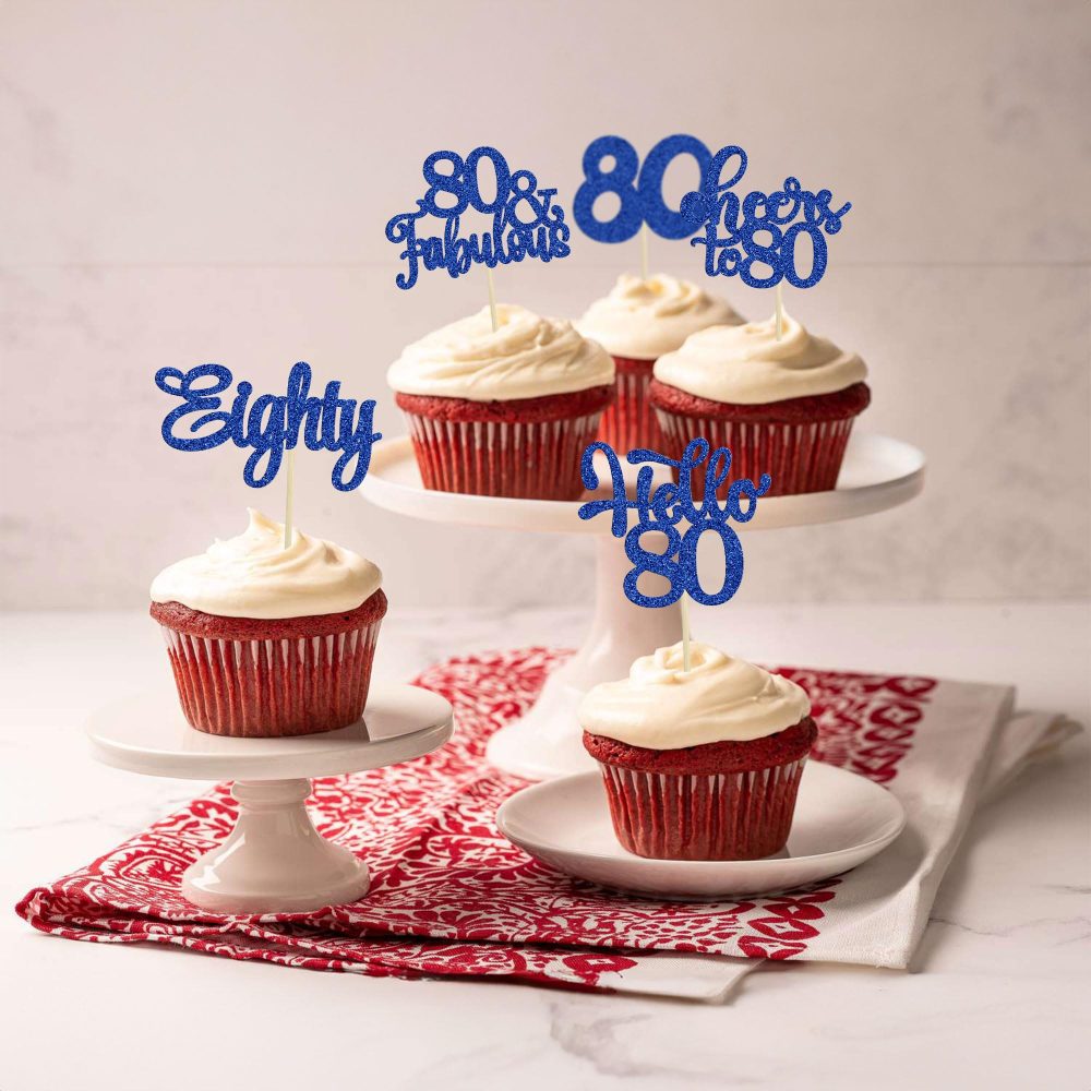 30Pcs Happy 80th Birthday Cupcake Toppers Eighty Cheers to 80 Years Old Birthday Cupcake Picks for Happy 80th Birthday Anniversary Party Cake Decorations Deep Blue Glitter - Image 2