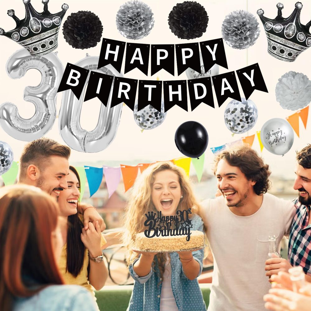 30th Birthday Decorations Black Silver - 51 Pieces Happy Birthday Decor, Silver Fringe Curtain, Paper Pompom, Love Crown, Birthday Banner, Silver Number 30 Balloon for Men Women 30th Birthday Supplies - Image 4