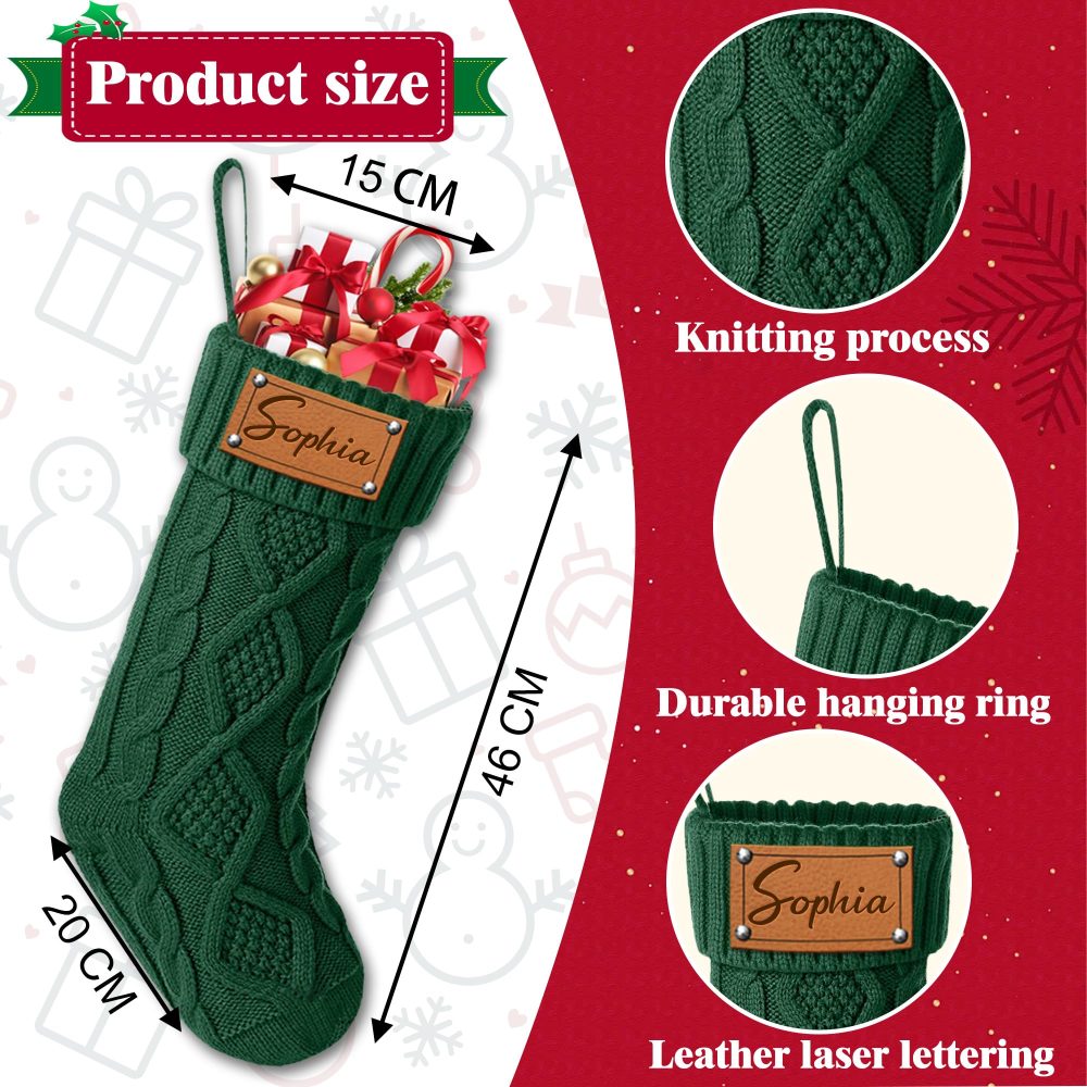 Udiyfun Personalised Christmas Stockings, Custom Christmas Stocking with Leather Laser Engraving Name, 46CM Large, Customised Knitted Xmas Stockings, Christmas Hanging Decor, Gifts for Family 1 Pcs - Image 4