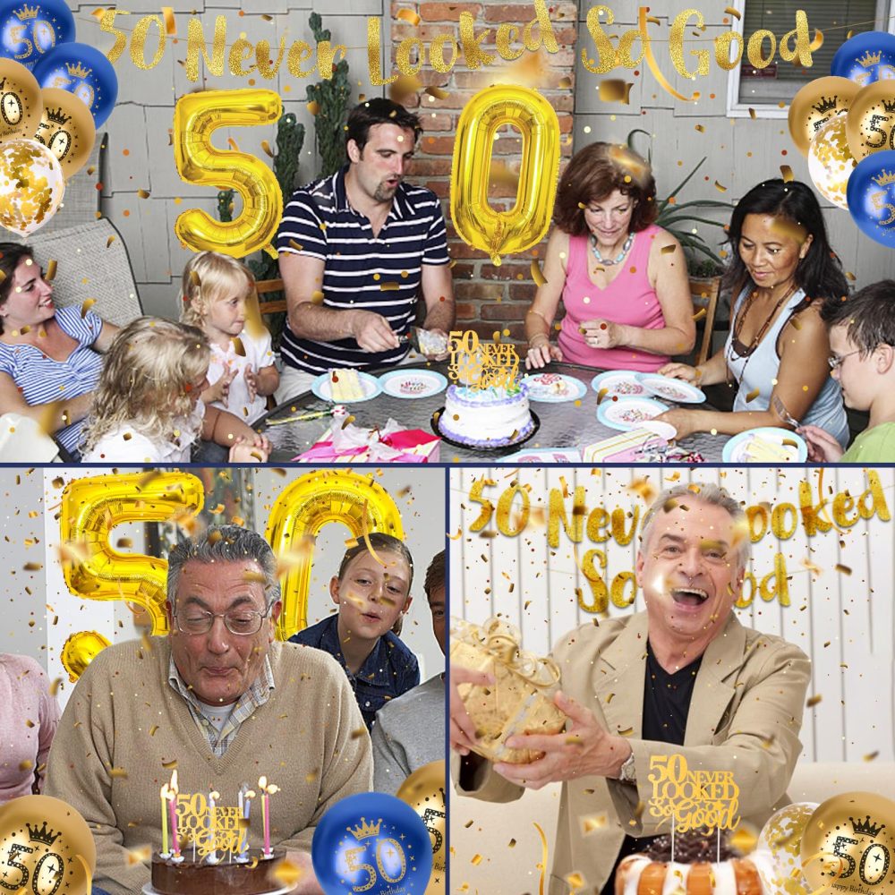 50th Birthday Decorations for Men, 50th Birthday Decorations Blue Gold 50th Birthday Balloons, 50th Birthday Party Decorations for Him, Happy 50th Banner Confetti Balloons 50 Birthday Party Supplies - Image 3