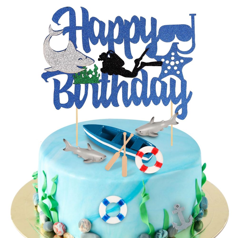 Shark Cake Topper Kit, Beach Baby Shark Cupcake Topper Set Including Shark Figurines Boat Anchor Paddle Life Buoy for Boys Girls Ocean Themed Birthday Party Under The Sea Fish Decorations Supplies