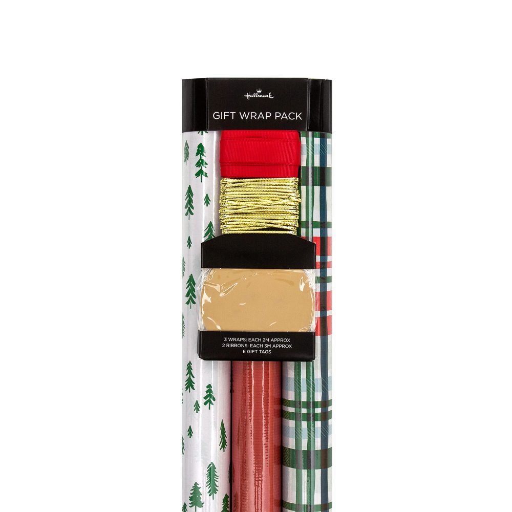Hallmark Christmas Gifting Compendium, 3 Pack Wrapping Paper, 2M Each, 6 Gift Tags, 2 Raffia Ribbons, Tartan, Red, White, Green Compendium Pack - Image 6