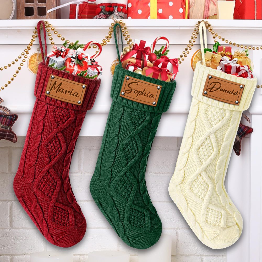 Udiyfun Personalised Christmas Stockings, Custom Christmas Stocking with Leather Laser Engraving Name, 46CM Large, Customised Knitted Xmas Stockings, Christmas Hanging Decor, Gifts for Family 1 Pcs - Image 6
