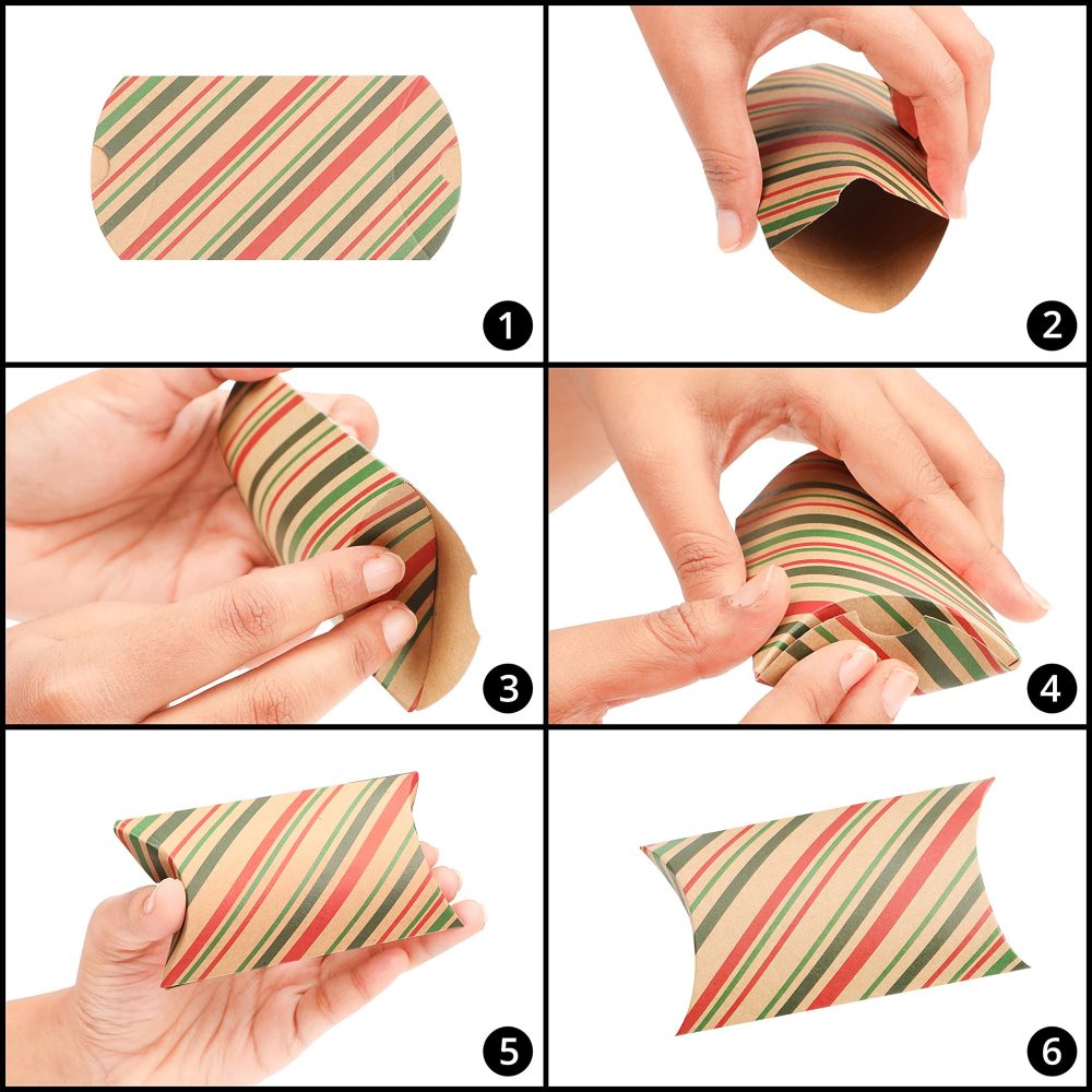 BELLE VOUS Christmas Pillow Boxes (50 Pack) - 10 Xmas Theme Winter Kraft Paper Box 11 x 7cm - Xmas Festive Presentation, Party Favours, Candy Box, Jewellery & Christmas Decoration - Image 7