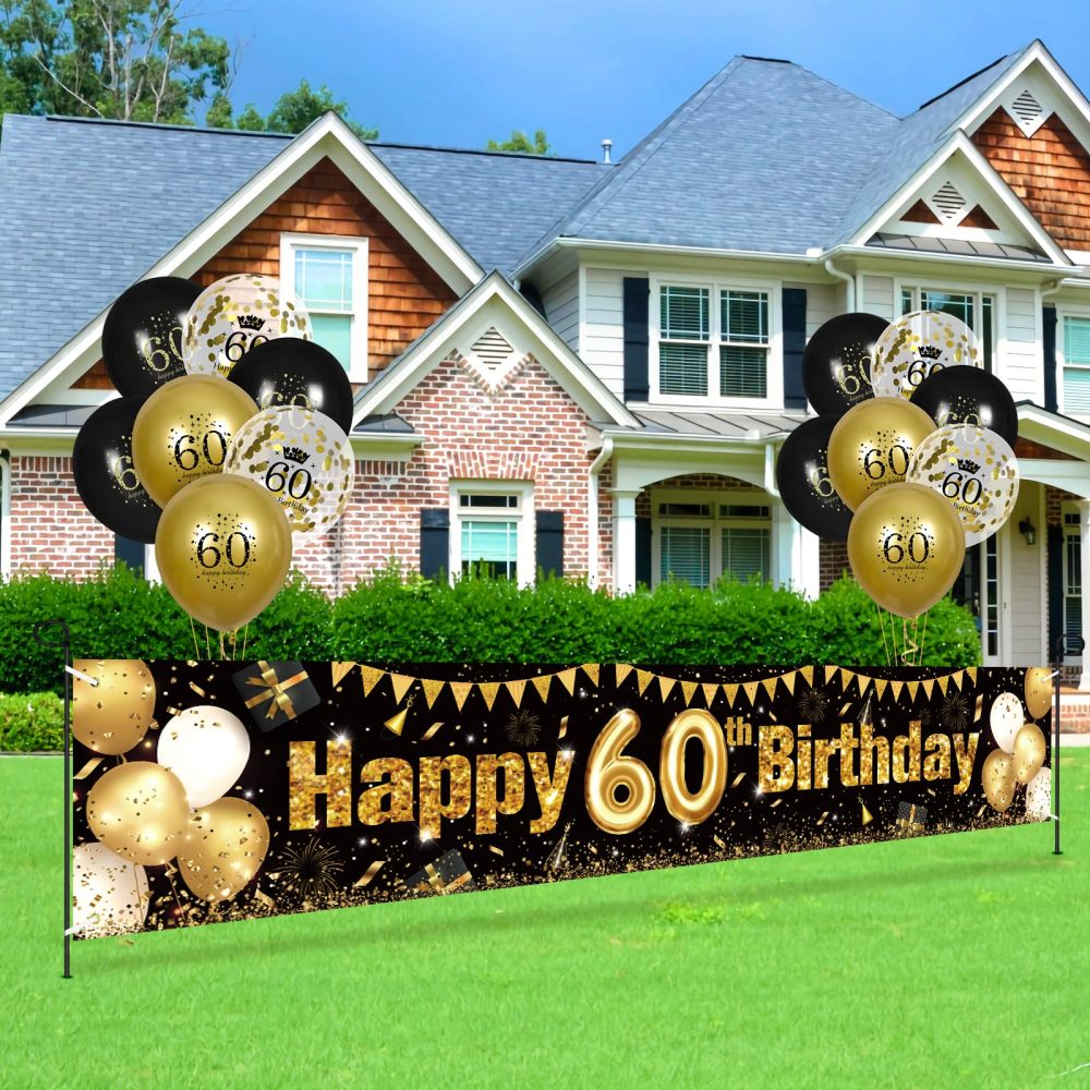 RUMIA 60th Birthday Decor for Black Gold, Black and Gold Birthday Yard Banner and 18 PCS 60th Happy Birthday Balloons for 60th Anniversary Birthday Party Supplies Yard Decor (49Q-2) - Image 7